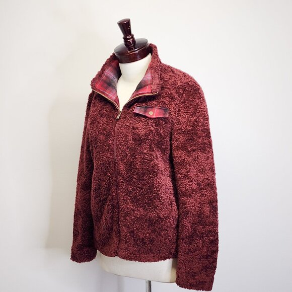 Pendleton Hi-Pile Fuzzy Sherpa Full Zip Fleece Jacket Maroon Plaid Trim Womens L - Picture 6 of 14